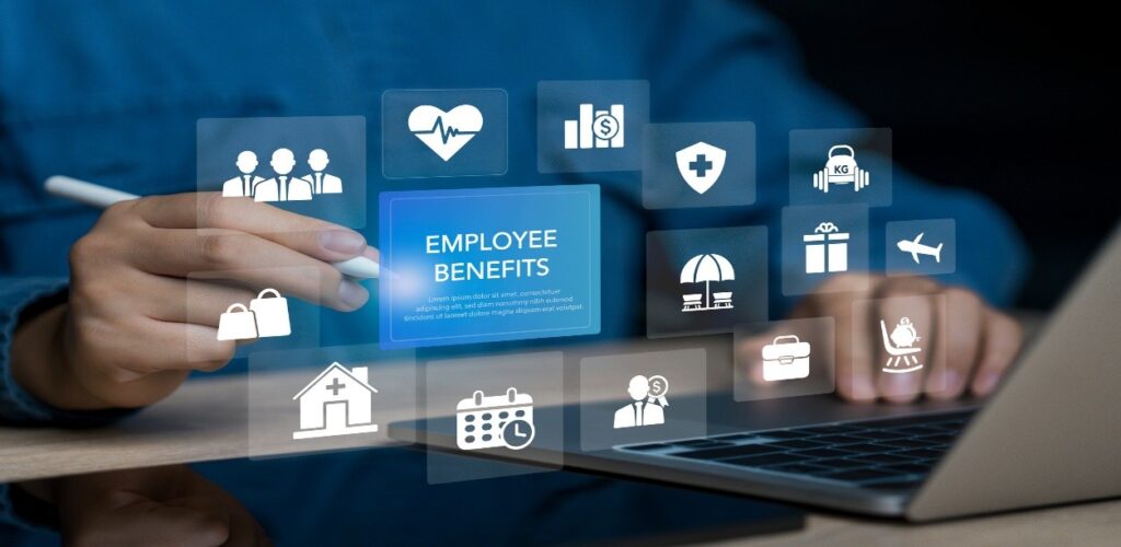 employee benefits icons above a computer, illustrating ways of retaining talent