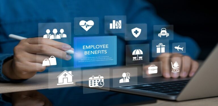 employee benefits icons above a computer, illustrating ways of retaining talent