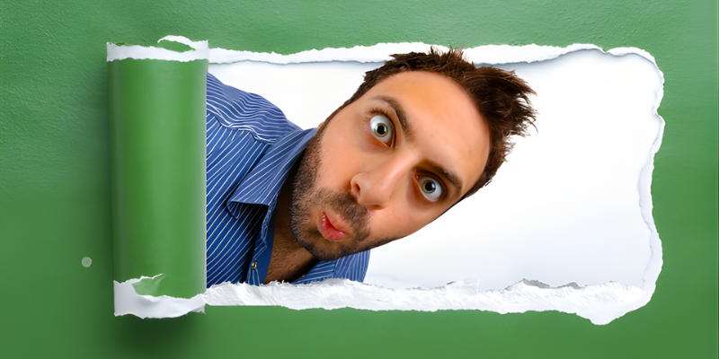 pre-launch marketing illustration of man peeking to catch a glimpse of a product launch