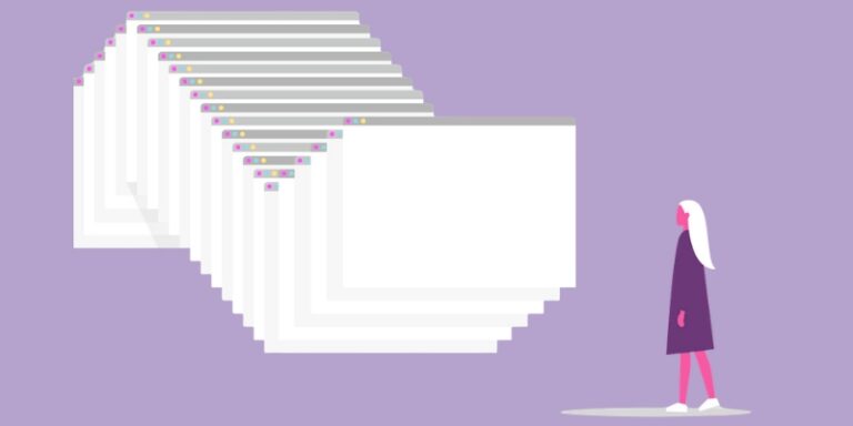Illustration of multiple overlapping browser windows stacked in a cascade against a purple background, symbolizing too many browser tabs and digital workspace clutter.