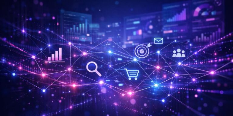 AI marketing trends 2026 showing connected data systems and digital marketing automation