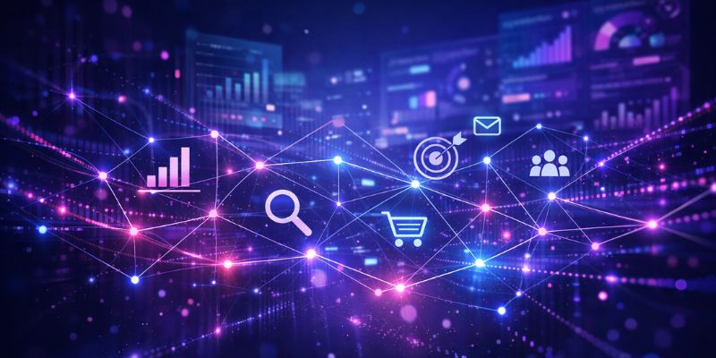 AI marketing trends 2026 showing connected data systems and digital marketing automation