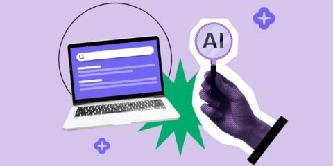 Illustration of a laptop with a search bar and a hand holding a magnifying glass labeled “AI,” representing AI search and how businesses can be recommended by AI tools.