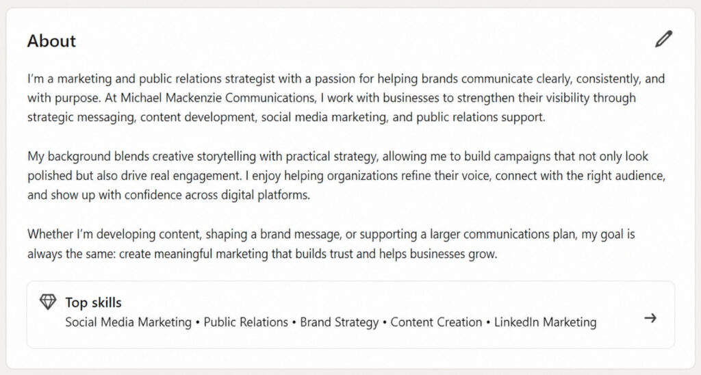 About section example of a LinkedIn profile where you can develop relevant content to describe your unique skills and career goals