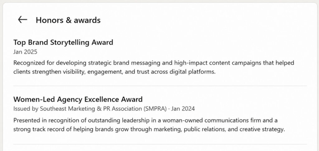 Example of achievements you can highlight in a professional profile