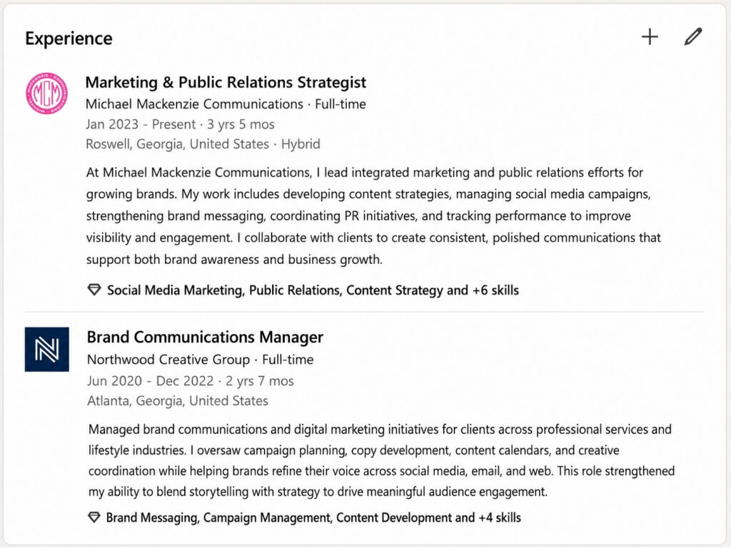 Example of how to build a LinkedIn profile experience section