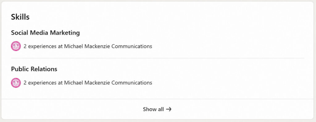 Example of key skills to add to a LinkedIn profile
