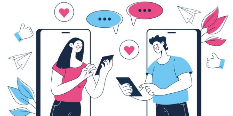 Illustration of social media engagement with two people interacting through likes, comments and messages on their phones.