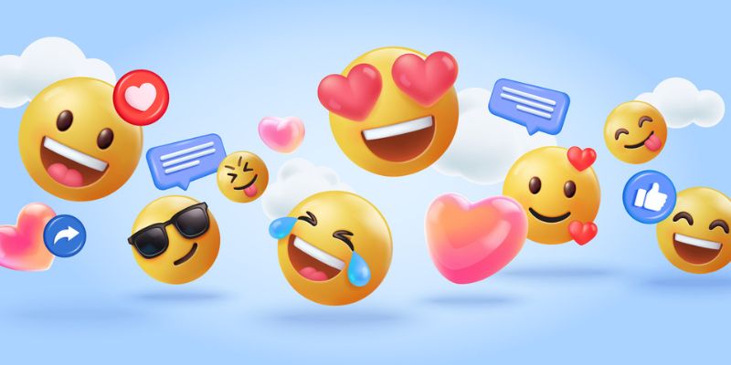 Colorful 3D emojis, hearts and social media icons floating against a light blue background, representing emoji use in social media marketing